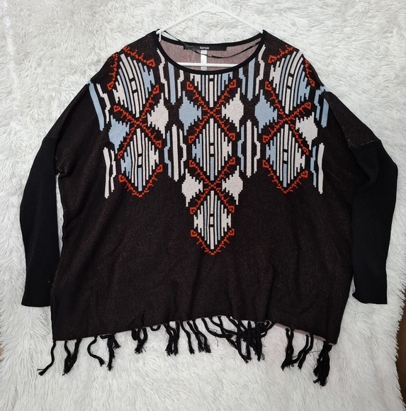 Kensie Women's Fringe Printed Sweater Poncho Black Combo M/L Oversized NWT. - Picture 2 of 11